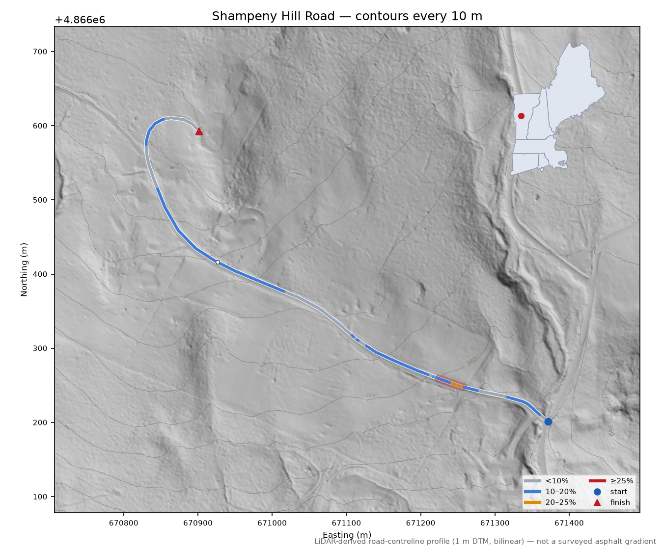 Shampeny Hill Road LiDAR hillshade map with contours