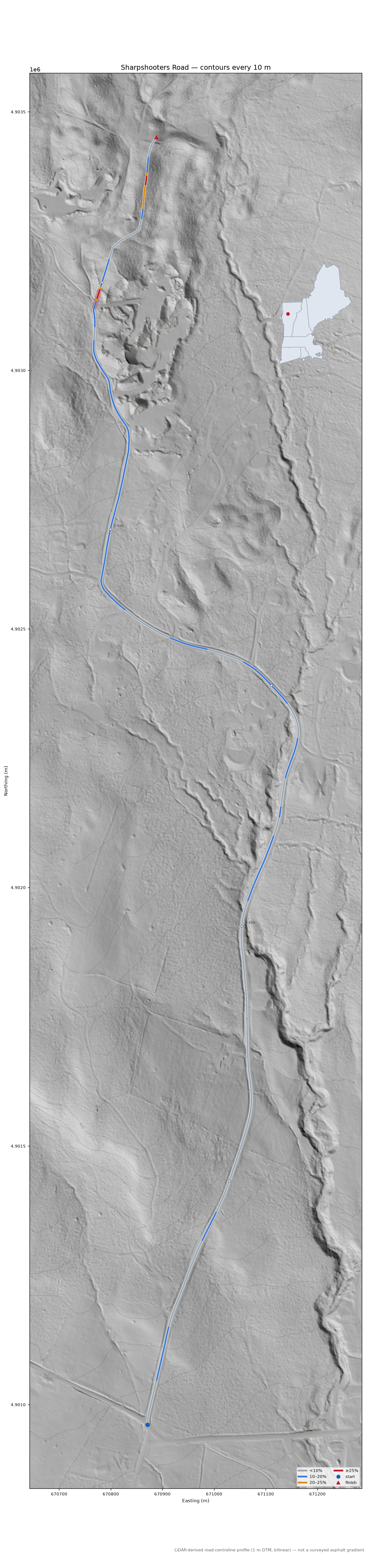 Sharpshooters Road LiDAR hillshade map with contours