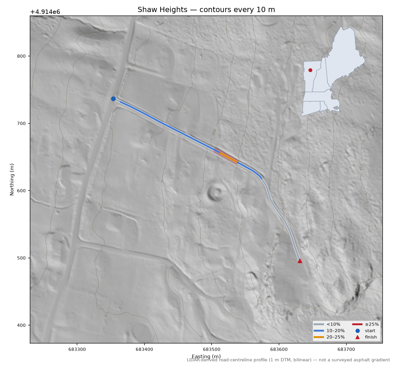 Shaw Heights LiDAR hillshade map with contours