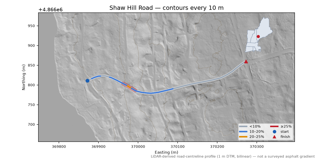 Shaw Hill Road LiDAR hillshade map with contours