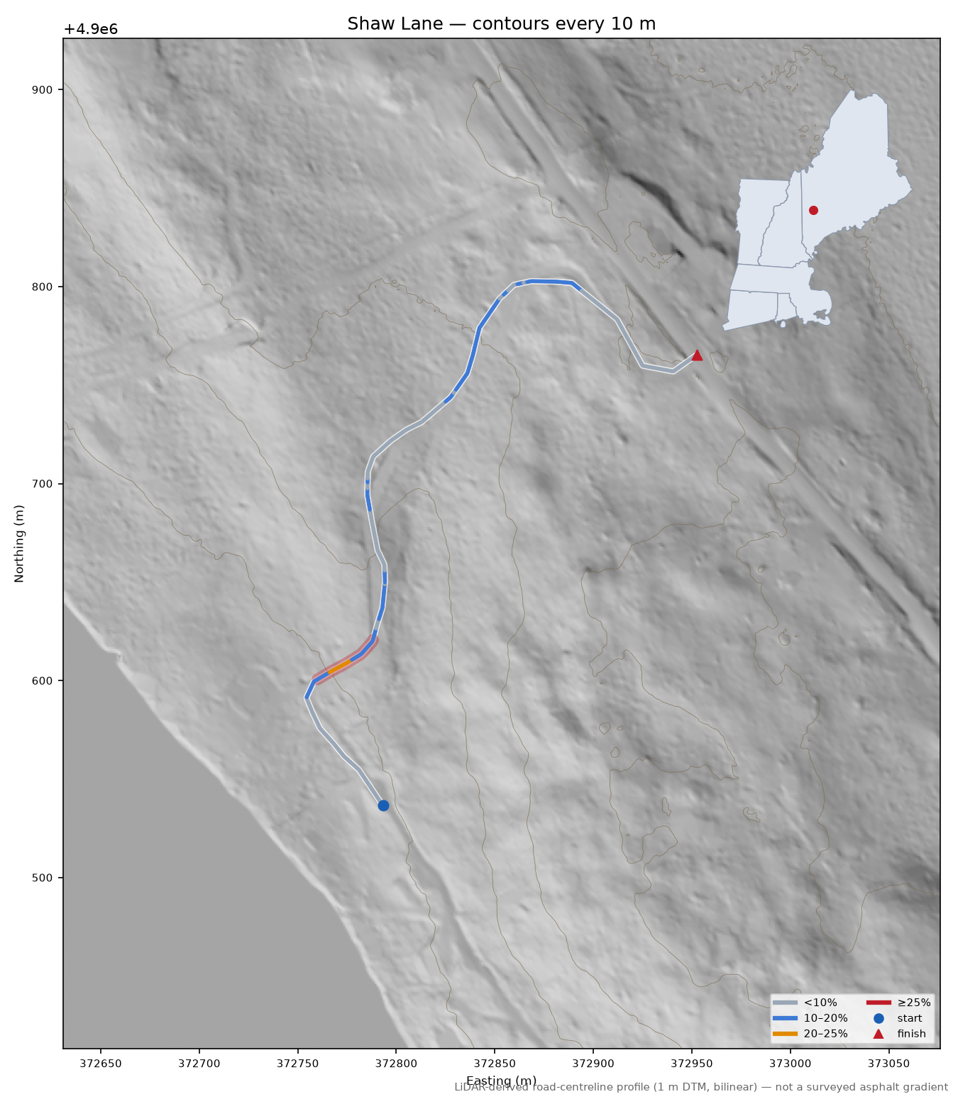Shaw Lane LiDAR hillshade map with contours