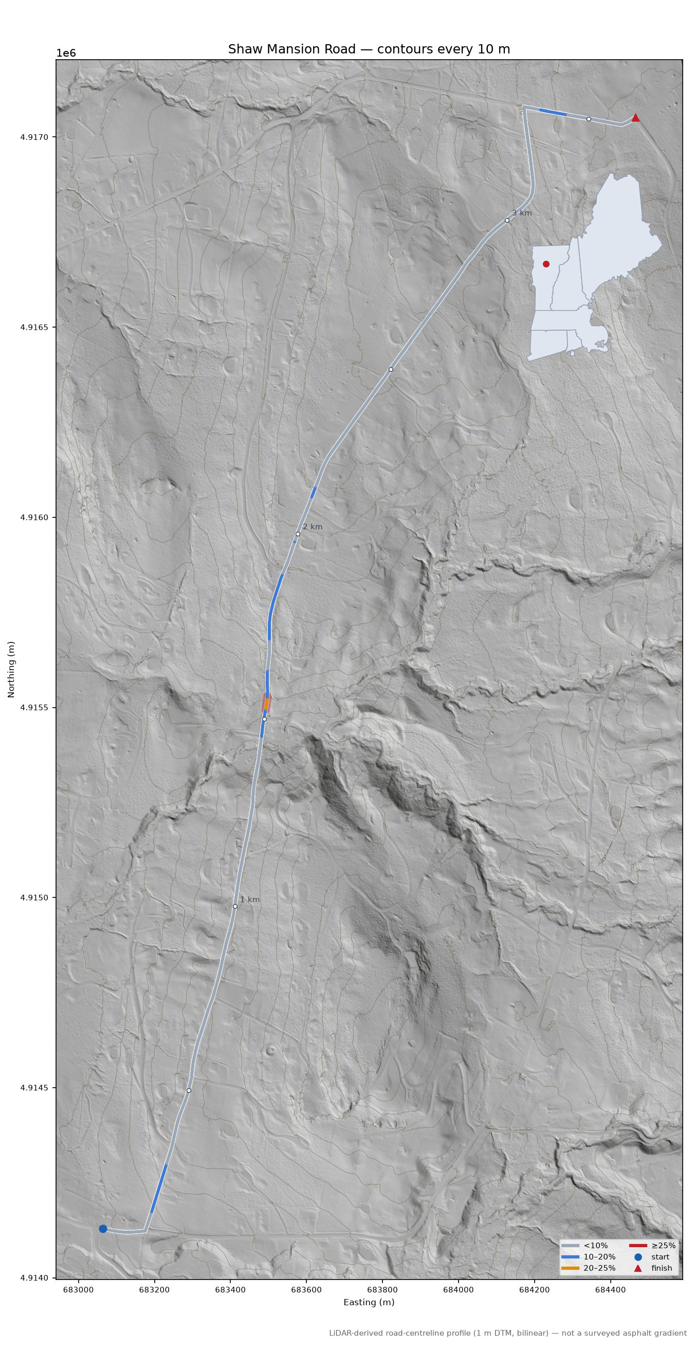 Shaw Mansion Road LiDAR hillshade map with contours