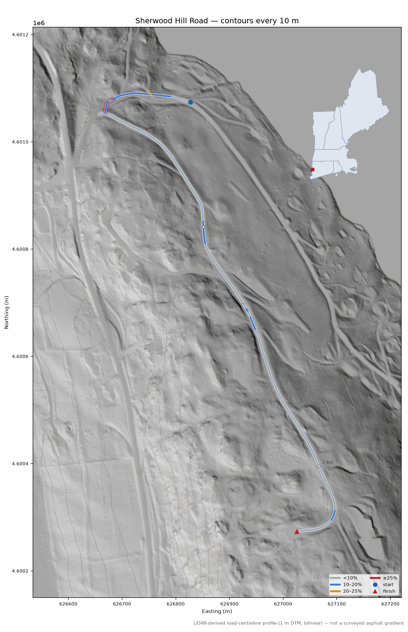 Sherwood Hill Road LiDAR hillshade map with contours