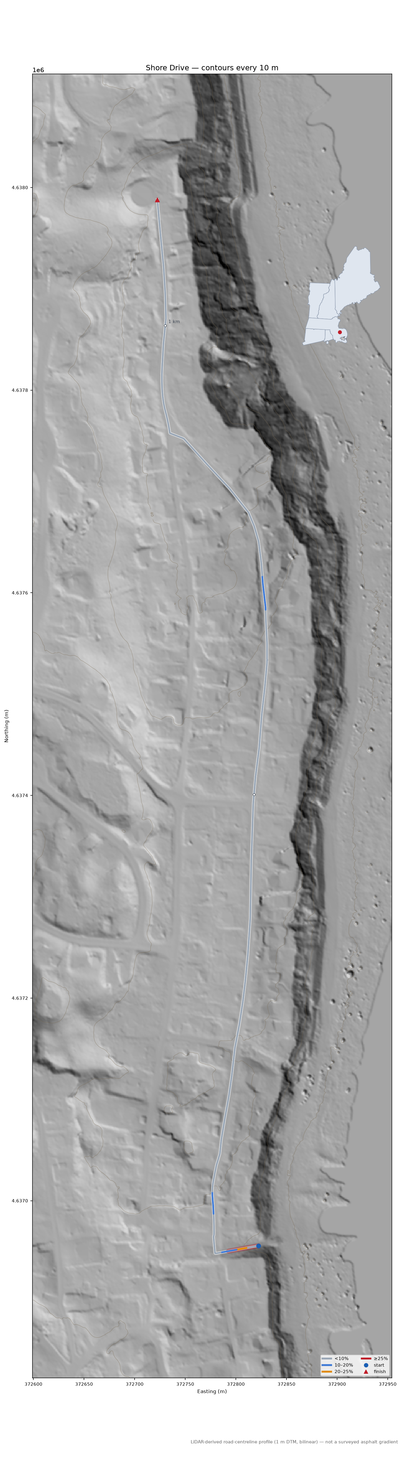 Shore Drive LiDAR hillshade map with contours