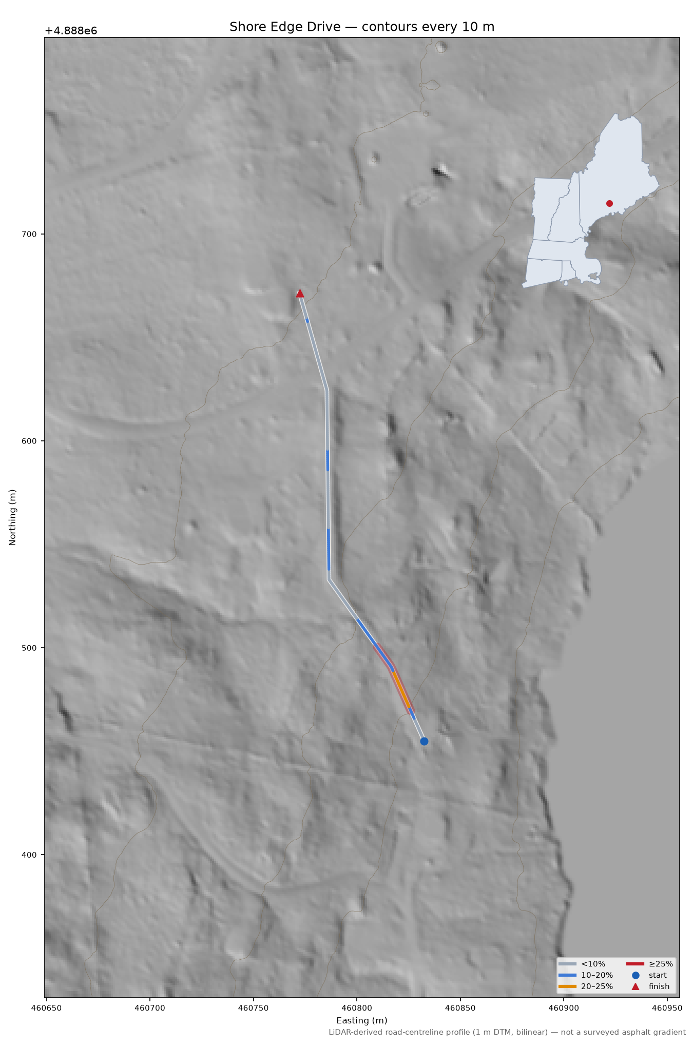 Shore Edge Drive LiDAR hillshade map with contours