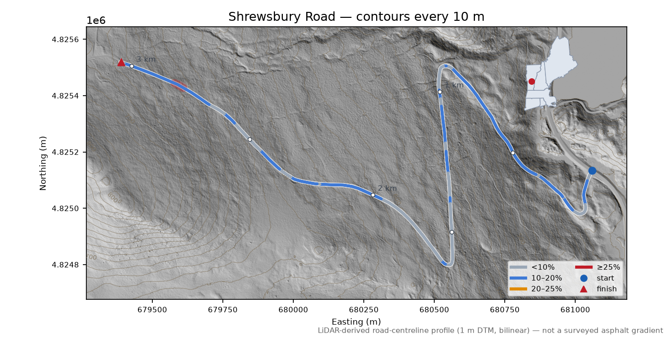 Shrewsbury Road LiDAR hillshade map with contours