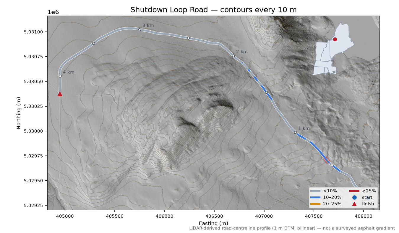 Shutdown Loop Road LiDAR hillshade map with contours