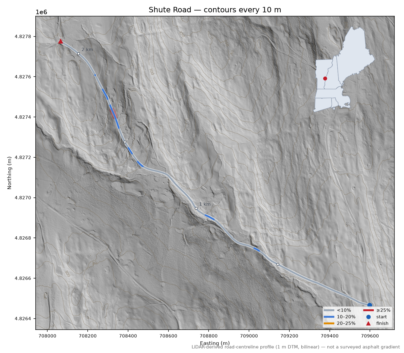 Shute Road LiDAR hillshade map with contours
