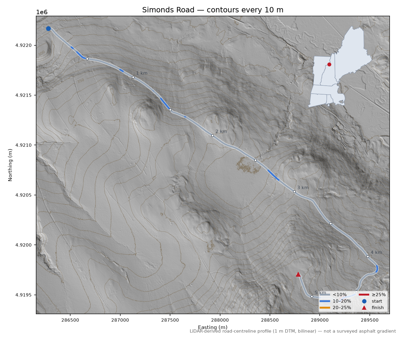 Simonds Road LiDAR hillshade map with contours