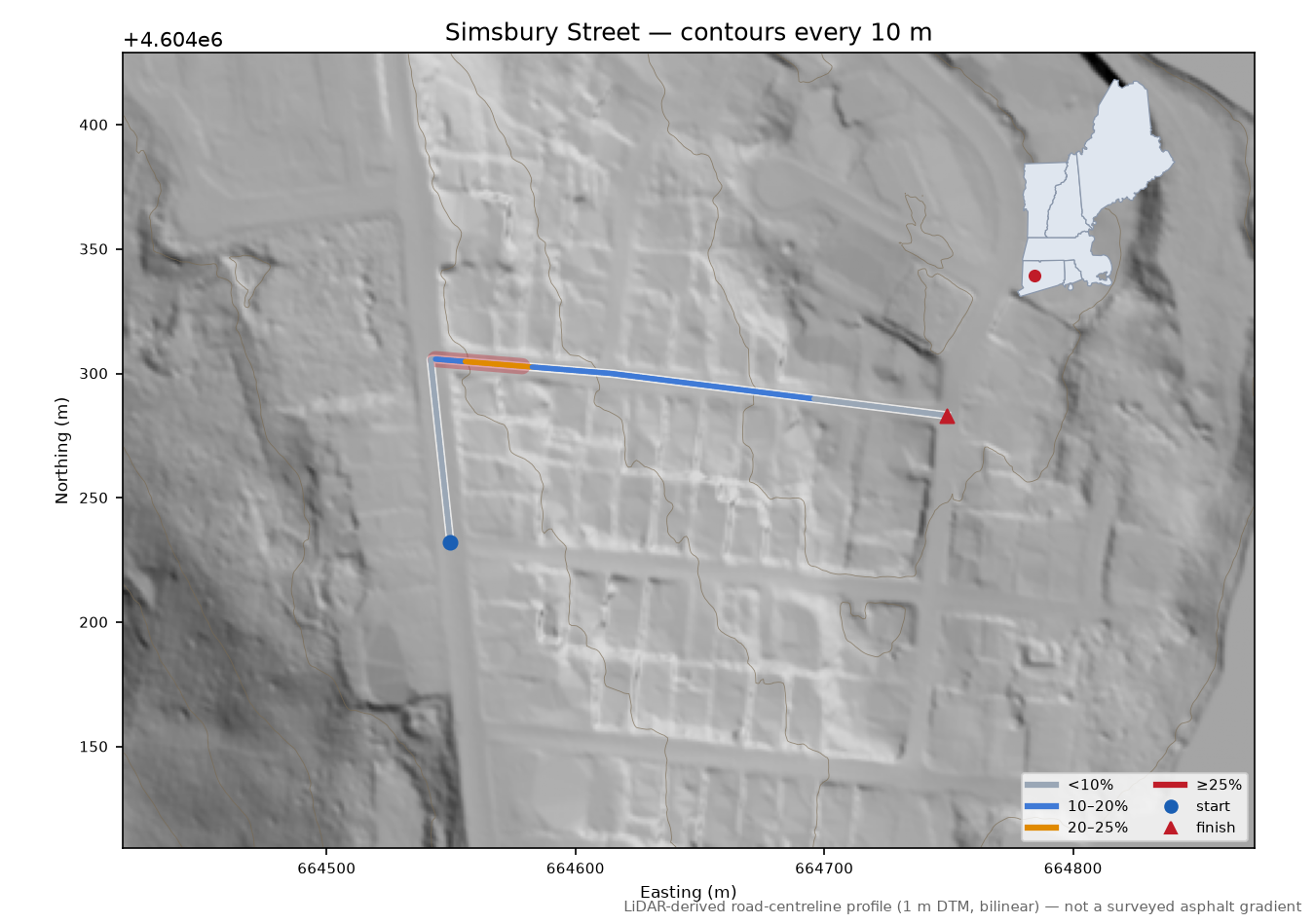 Simsbury Street LiDAR hillshade map with contours