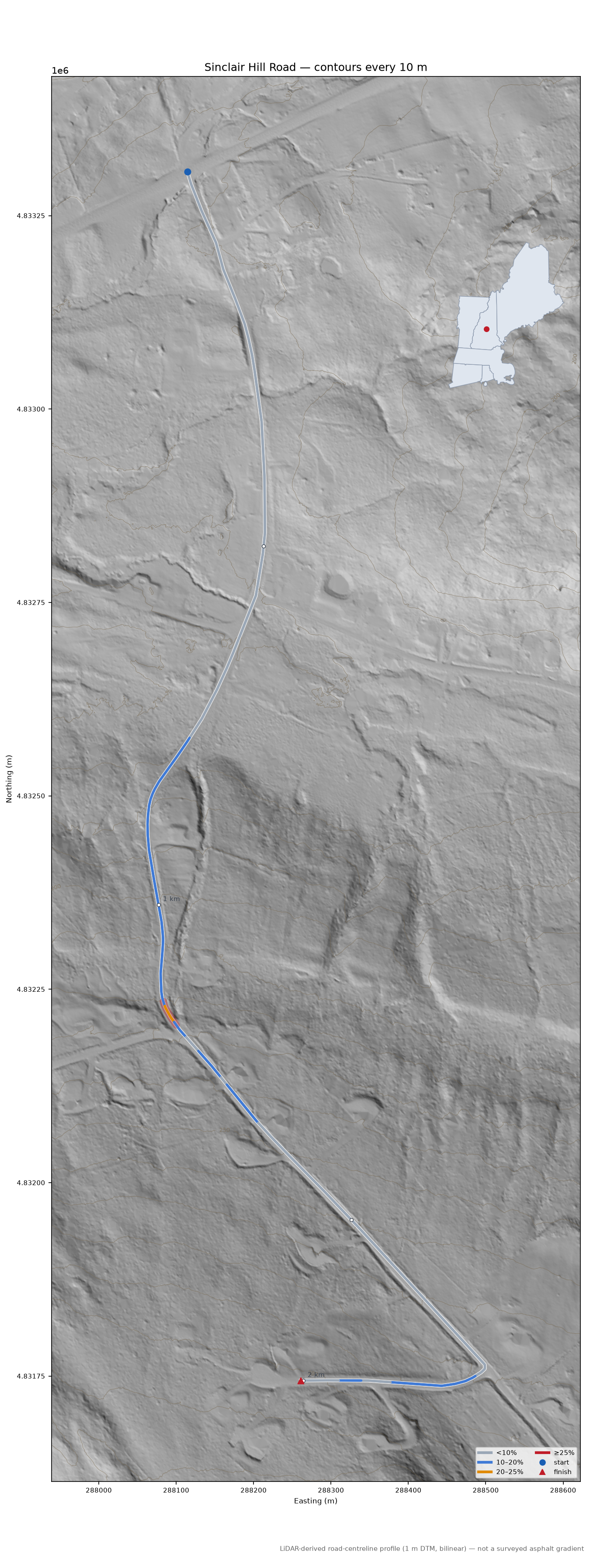 Sinclair Hill Road LiDAR hillshade map with contours