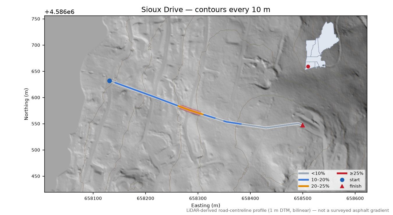 Sioux Drive LiDAR hillshade map with contours