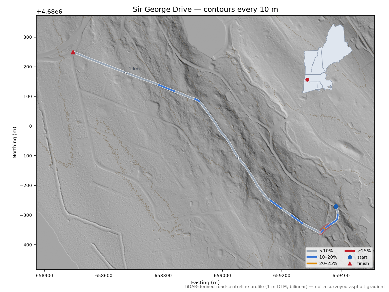 Sir George Drive LiDAR hillshade map with contours