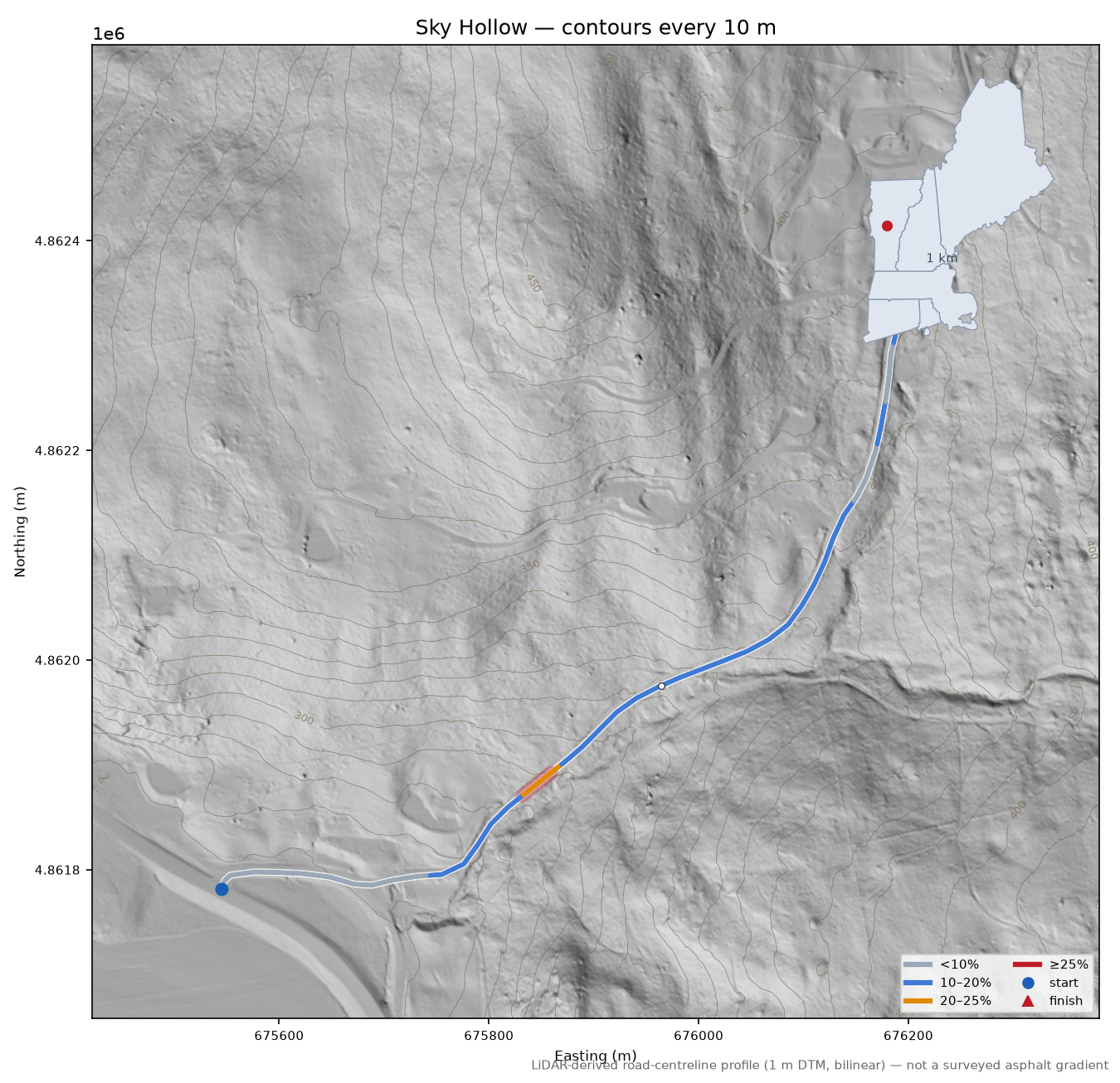 Sky Hollow LiDAR hillshade map with contours