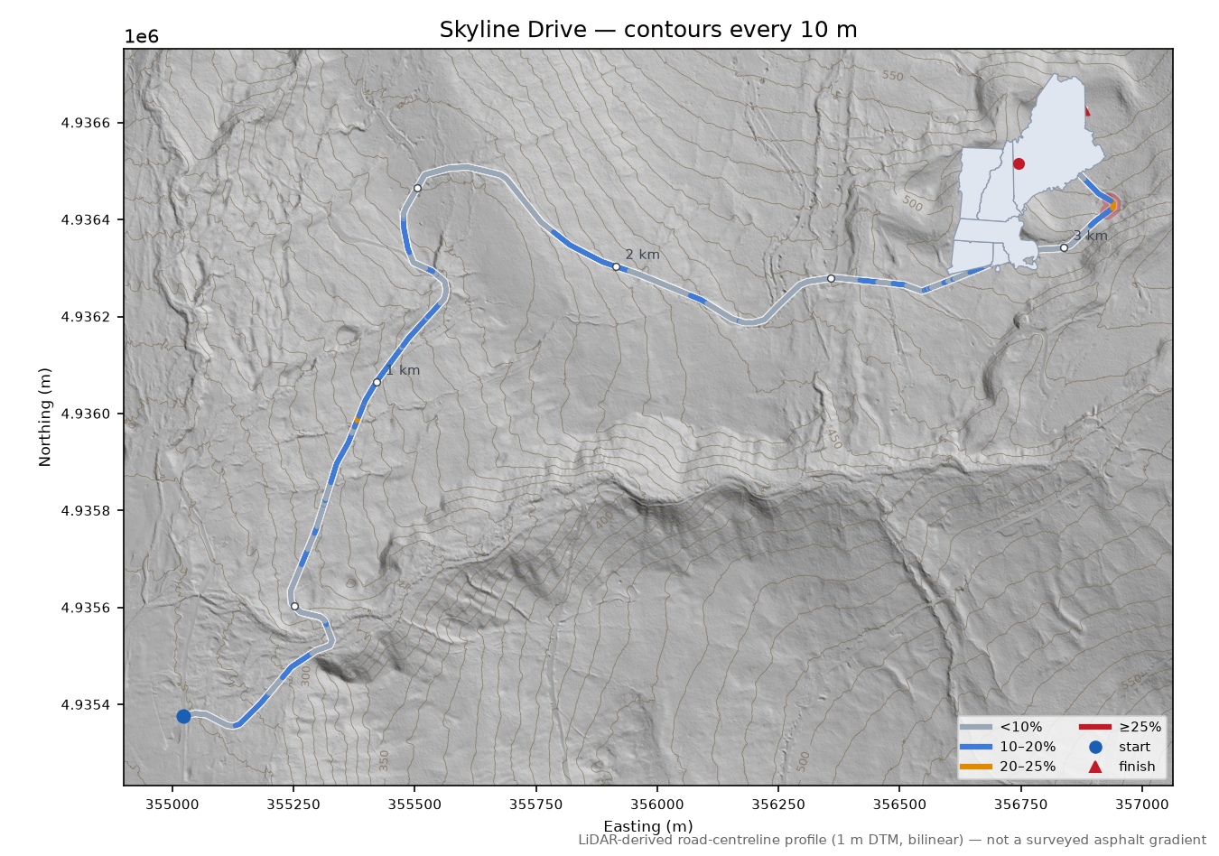 Skyline Drive LiDAR hillshade map with contours