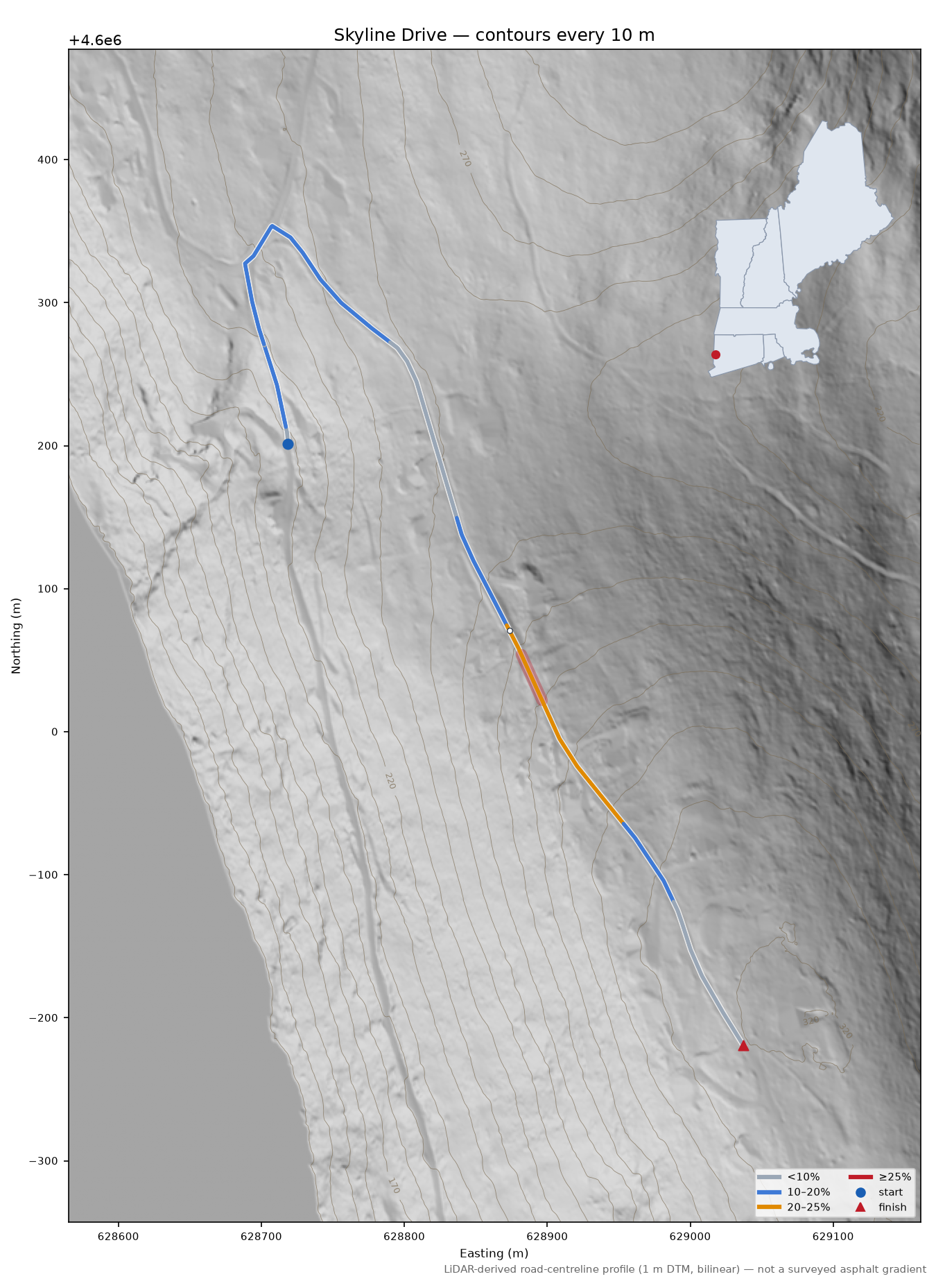 Skyline Drive LiDAR hillshade map with contours