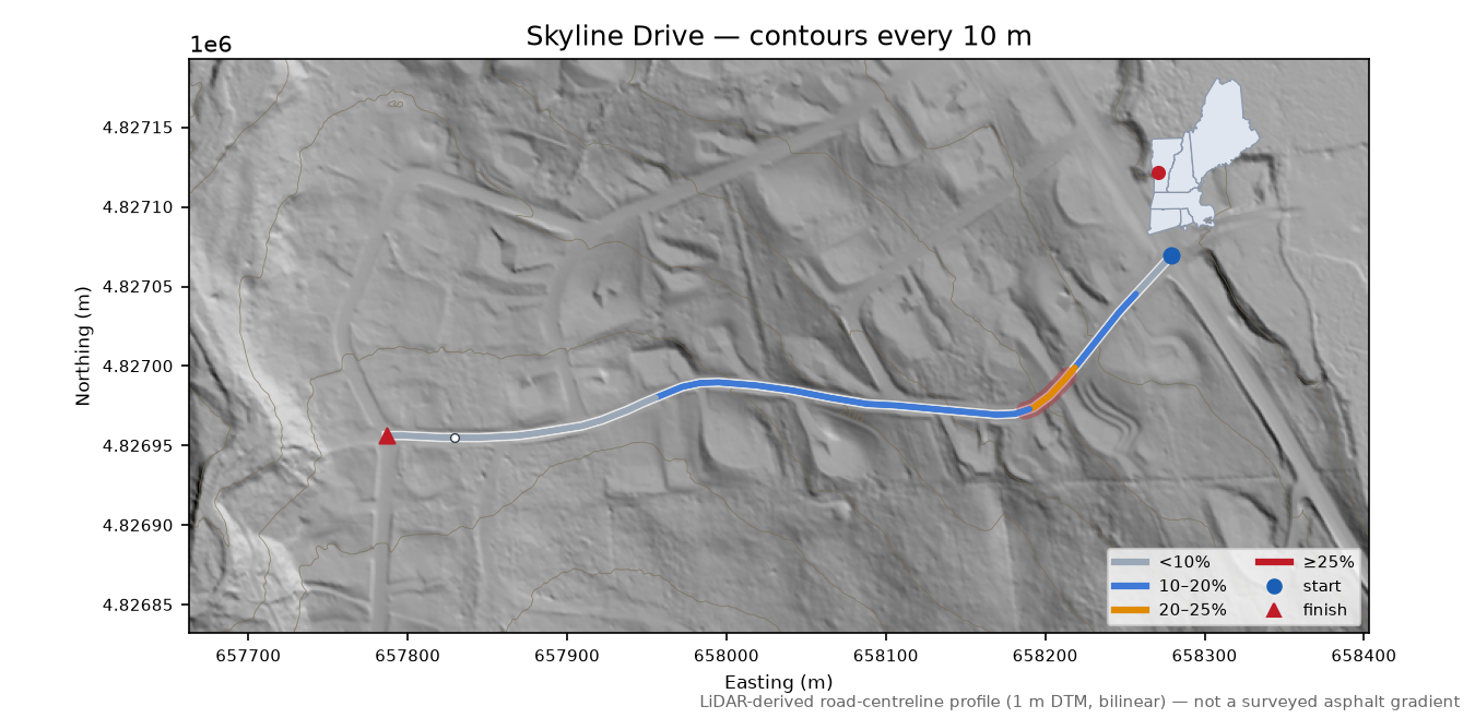 Skyline Drive LiDAR hillshade map with contours