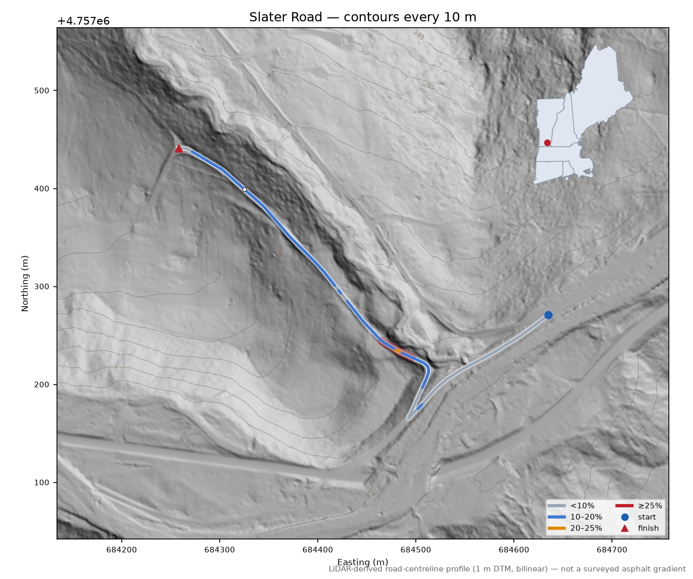 Slater Road LiDAR hillshade map with contours