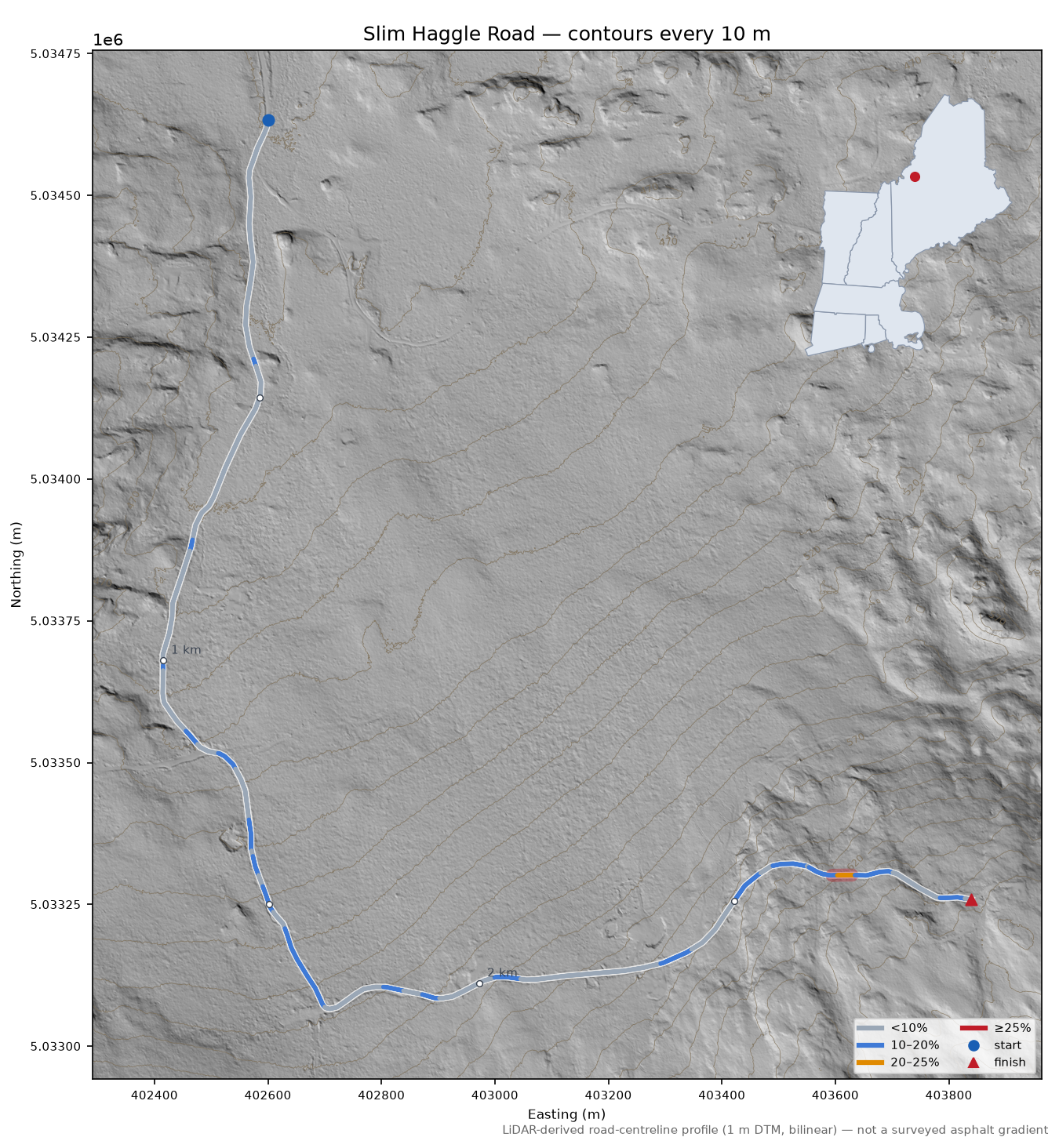 Slim Haggle Road LiDAR hillshade map with contours