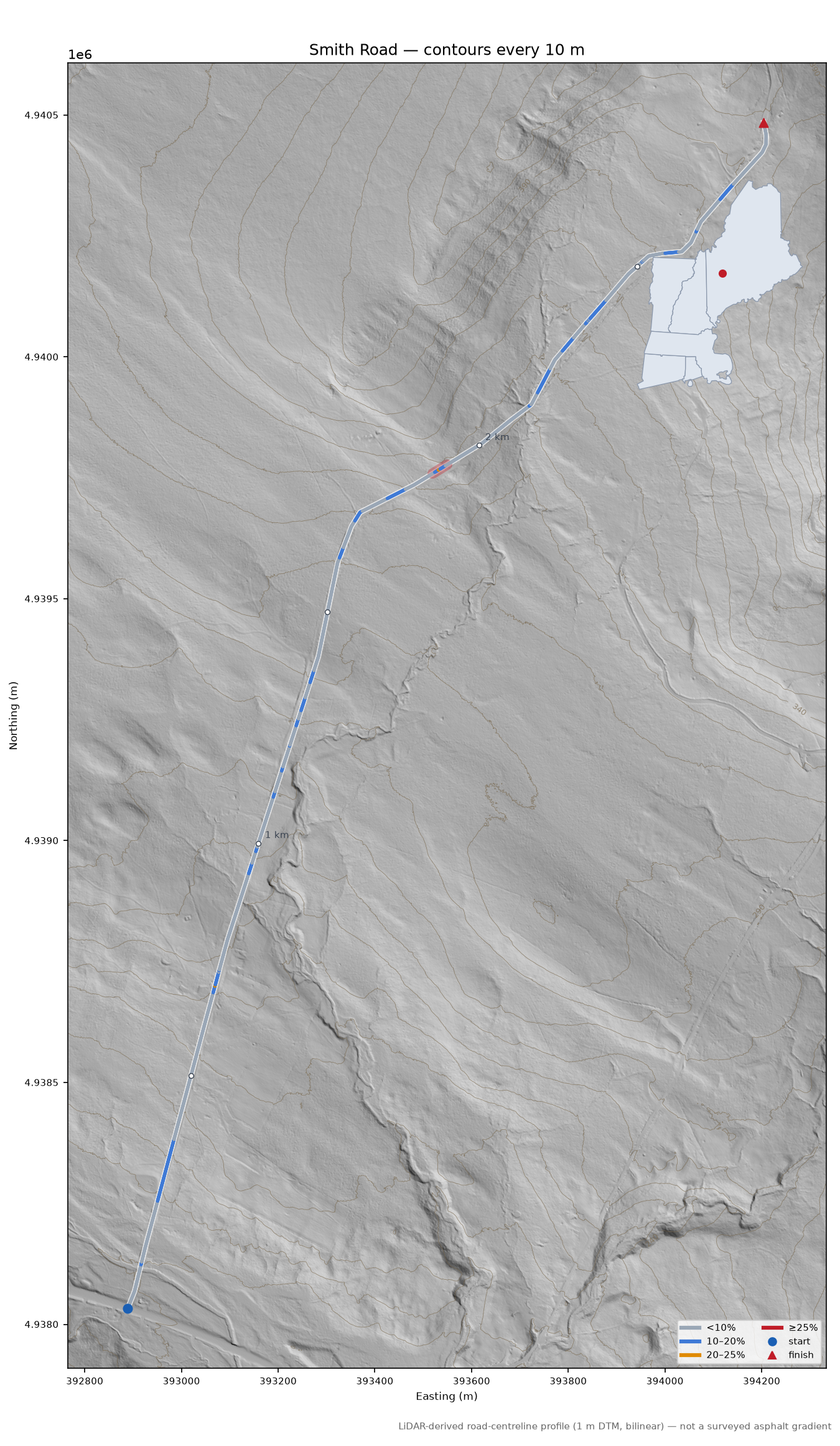 Smith Road LiDAR hillshade map with contours