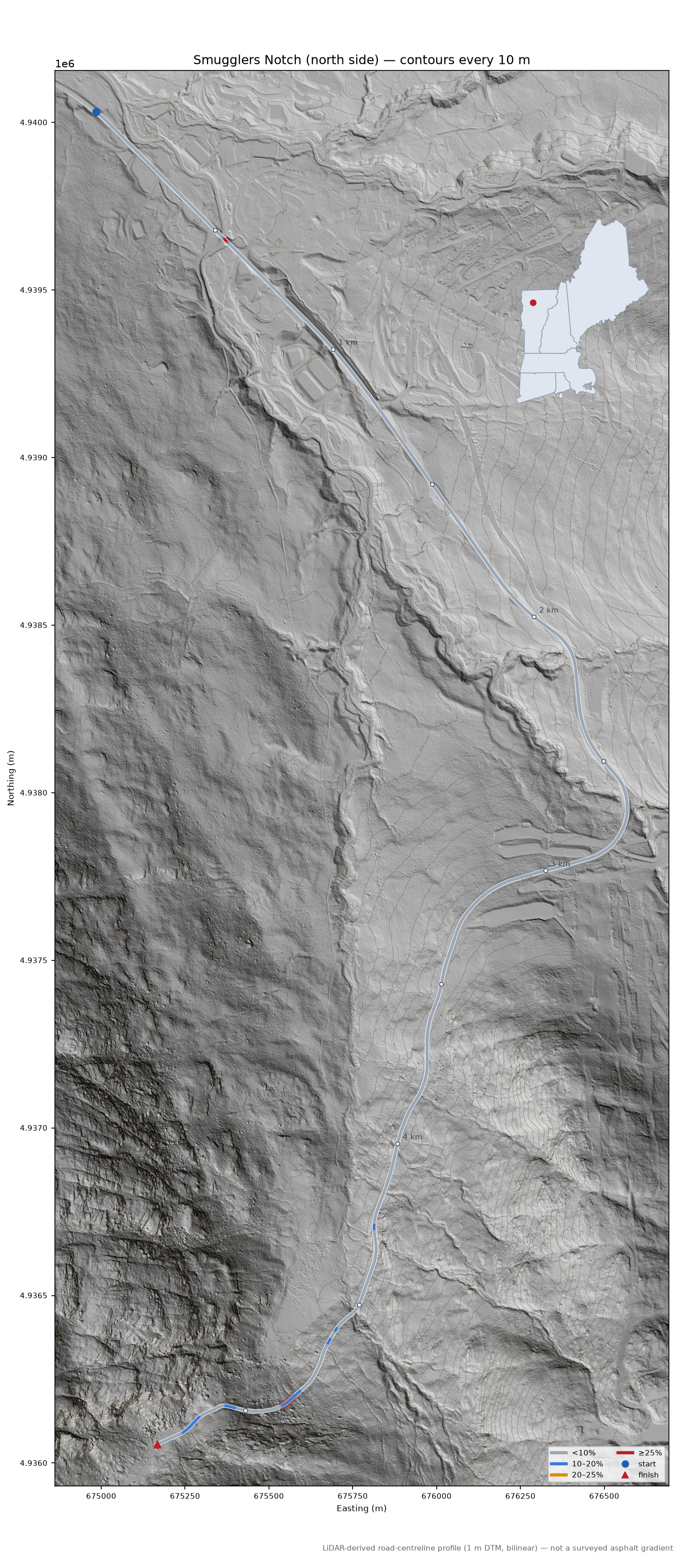 Smugglers Notch (north side) LiDAR hillshade map with contours