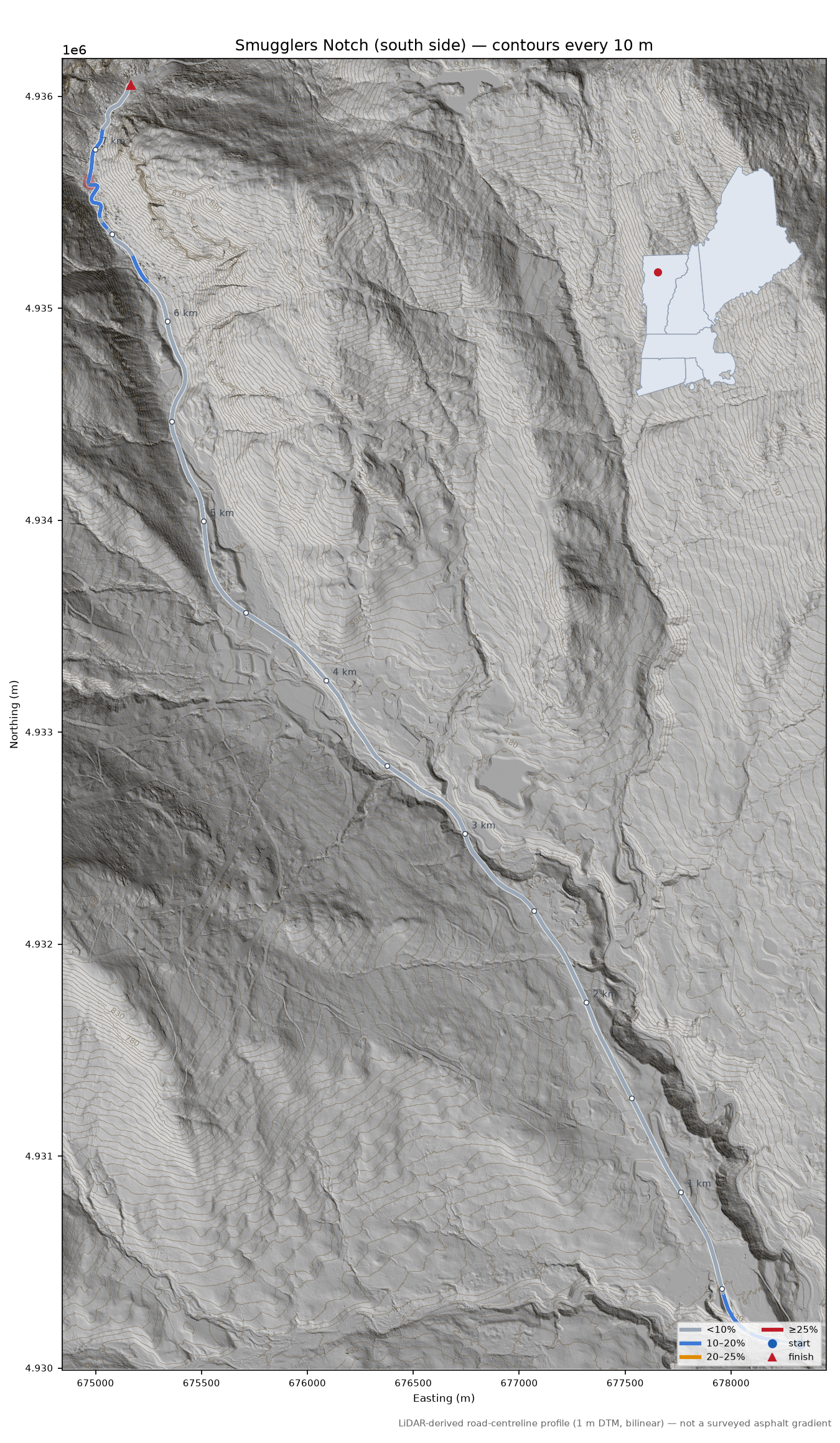 Smugglers Notch (south side) LiDAR hillshade map with contours