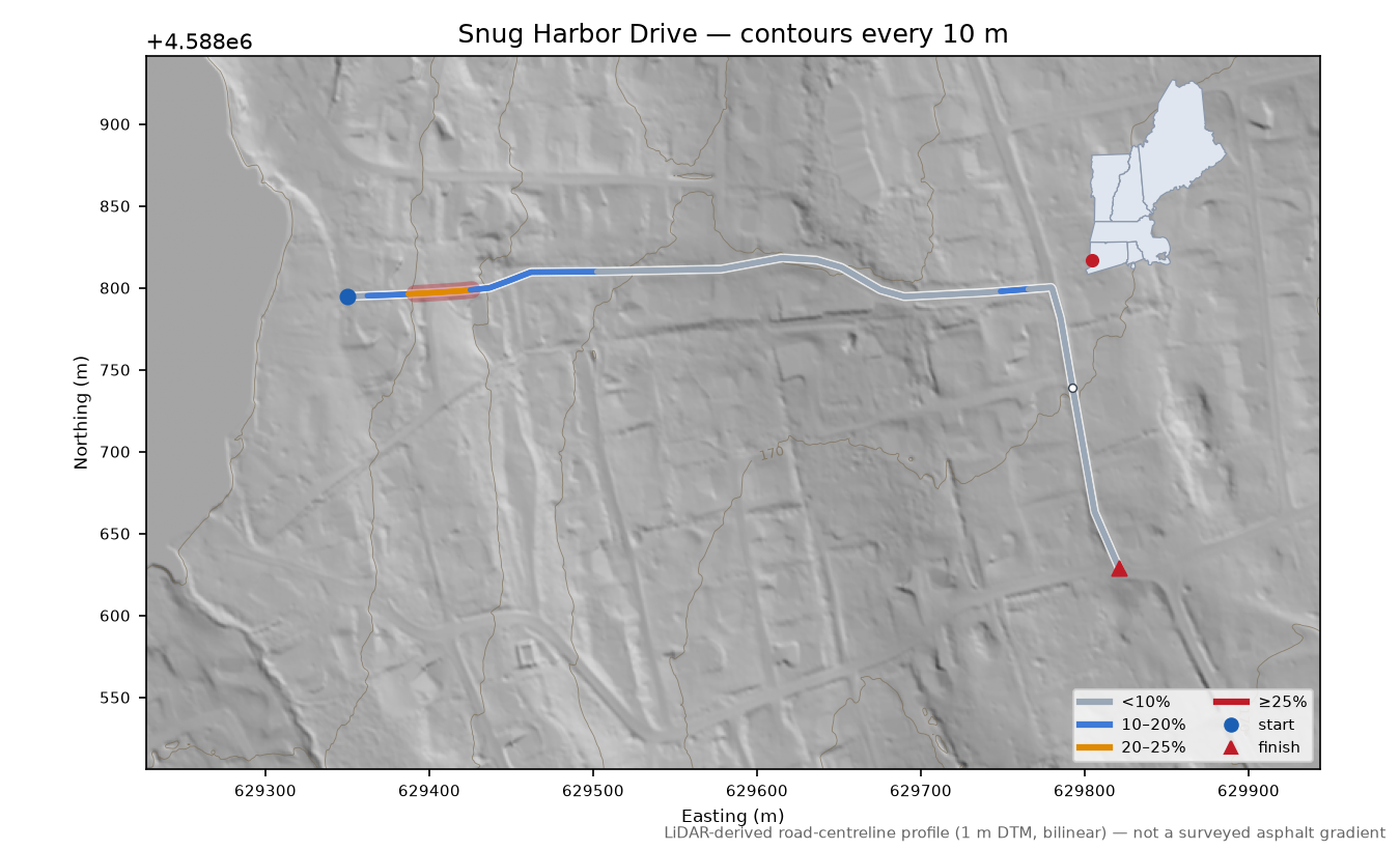 Snug Harbor Drive LiDAR hillshade map with contours