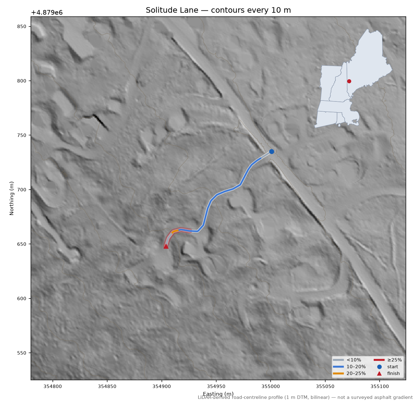 Solitude Lane LiDAR hillshade map with contours