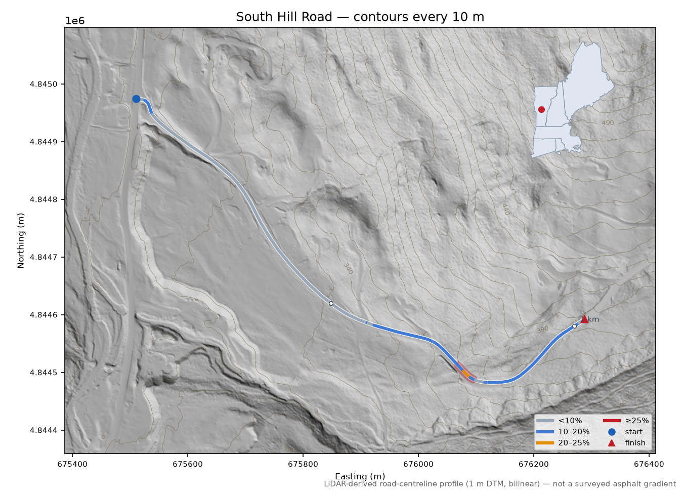South Hill Road LiDAR hillshade map with contours