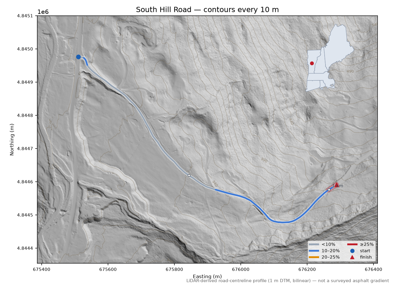 South Hill Road LiDAR hillshade map with contours