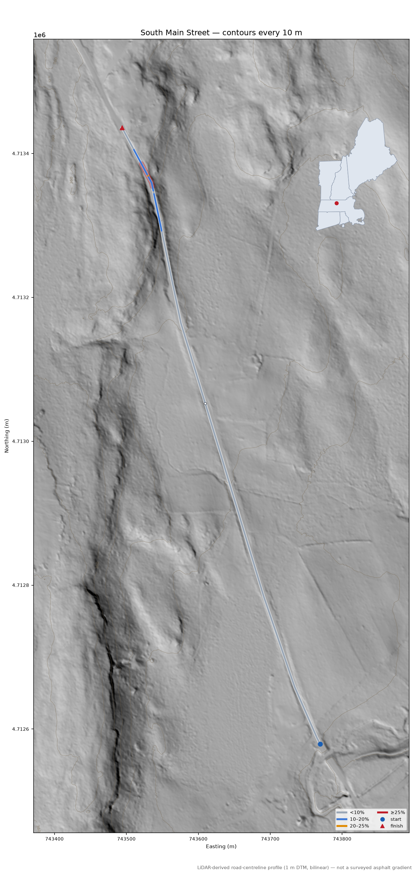 South Main Street LiDAR hillshade map with contours