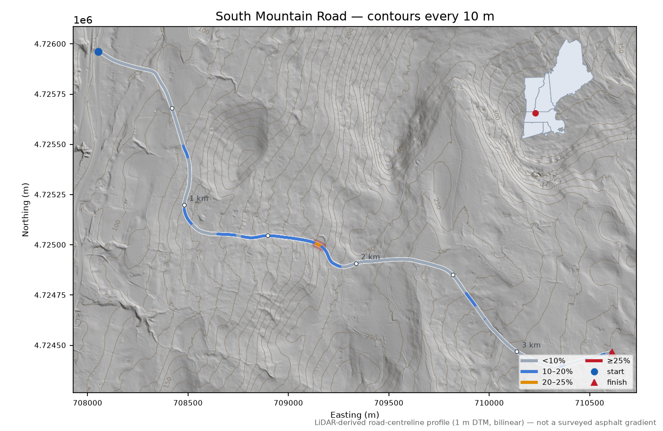 South Mountain Road LiDAR hillshade map with contours