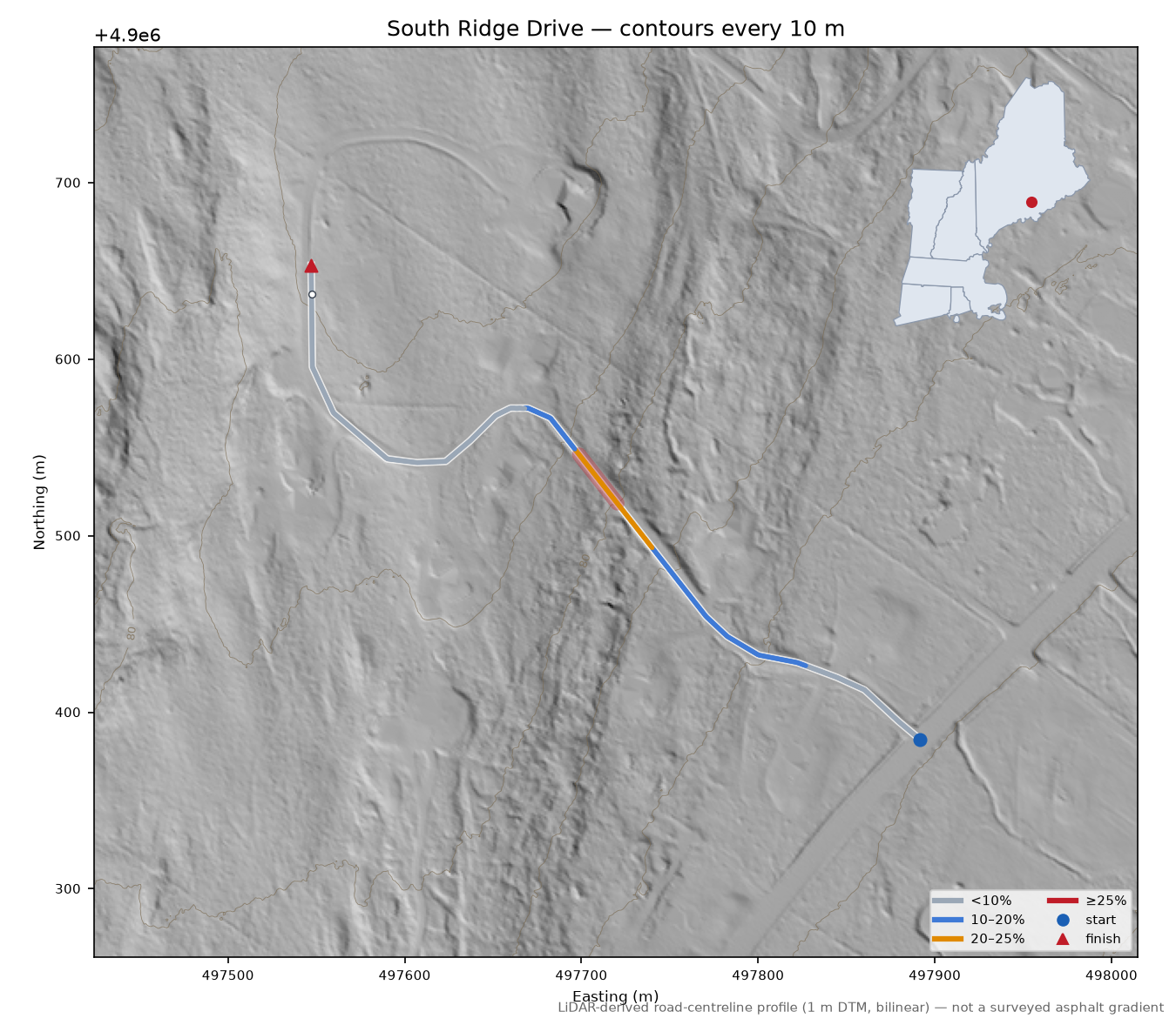 South Ridge Drive LiDAR hillshade map with contours