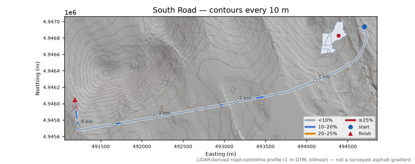 South Road LiDAR hillshade map with contours
