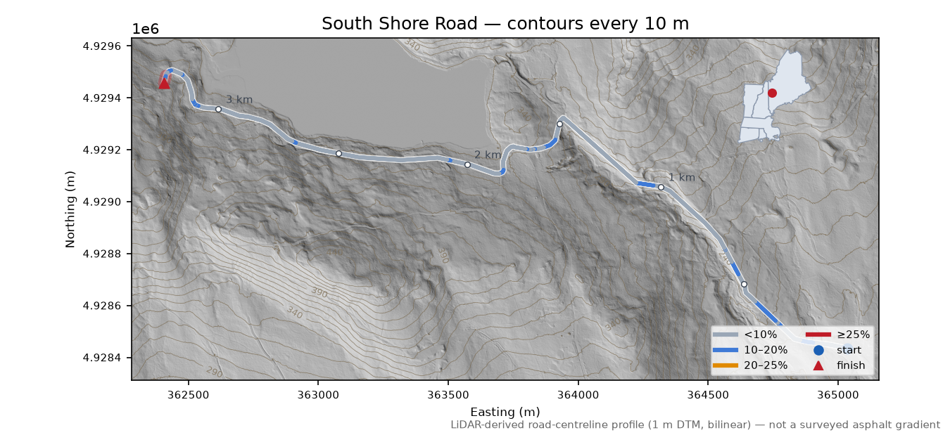 South Shore Road LiDAR hillshade map with contours