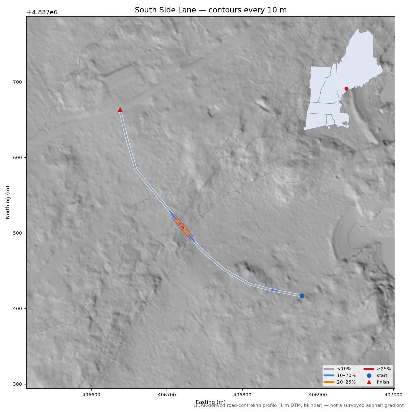 South Side Lane LiDAR hillshade map with contours