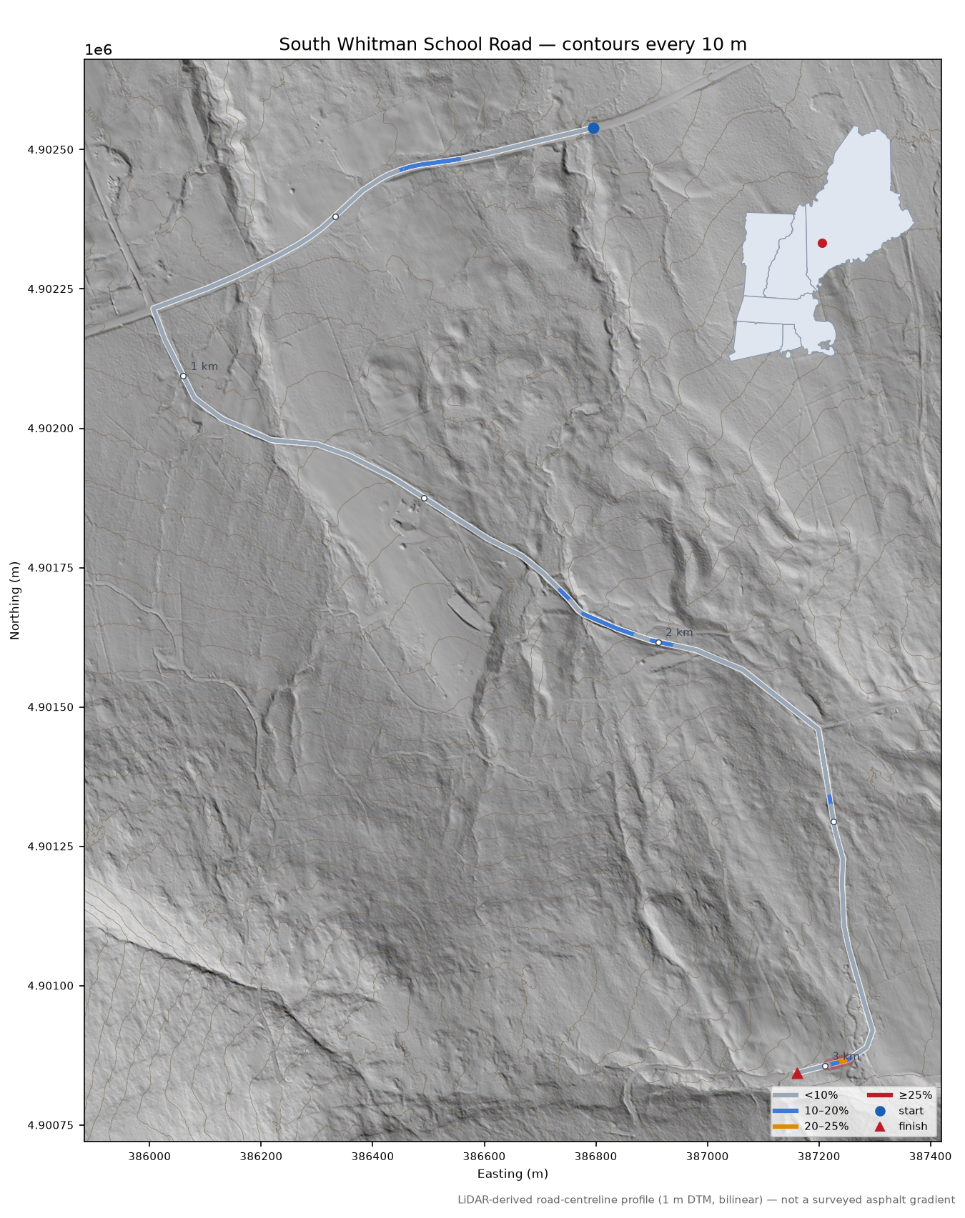 South Whitman School Road LiDAR hillshade map with contours