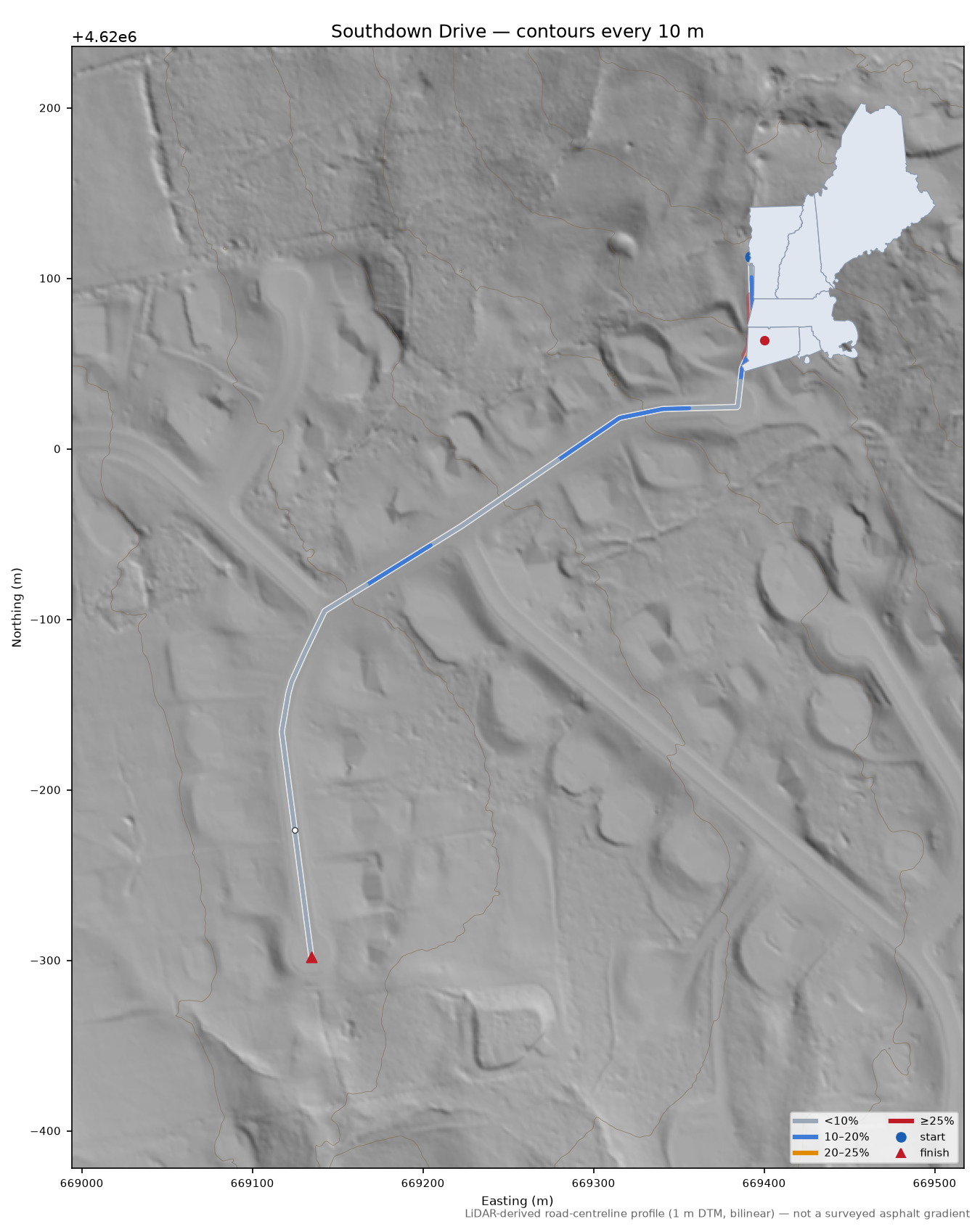 Southdown Drive LiDAR hillshade map with contours