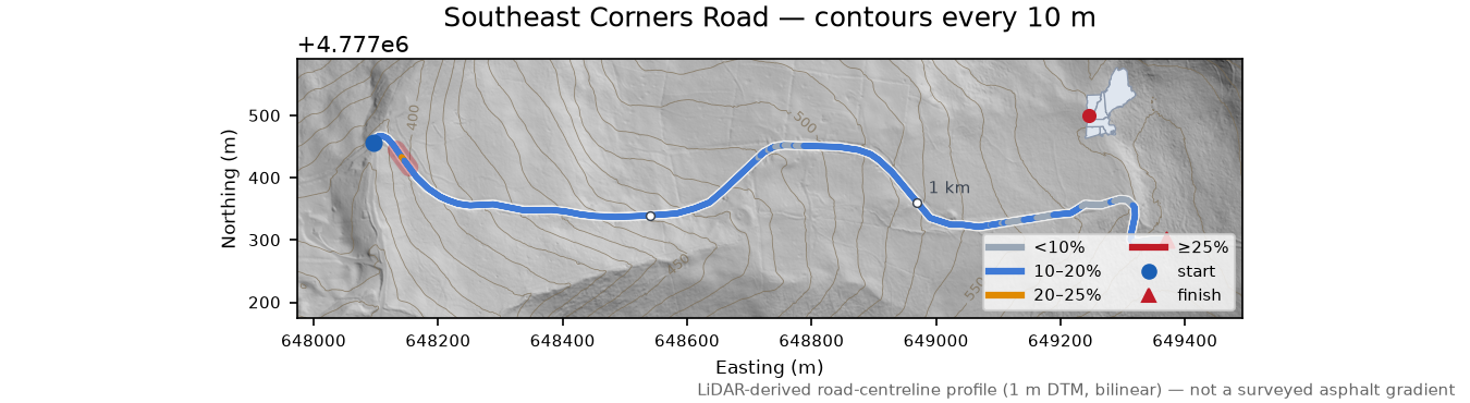 Southeast Corners Road LiDAR hillshade map with contours