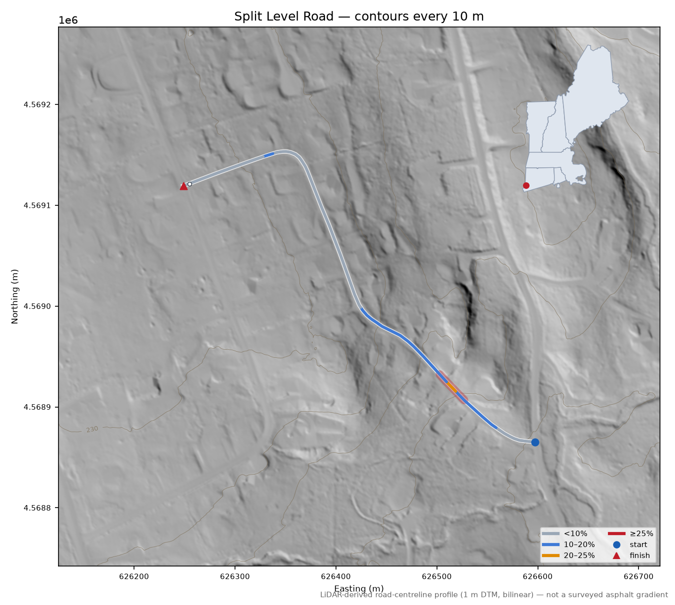 Split Level Road LiDAR hillshade map with contours