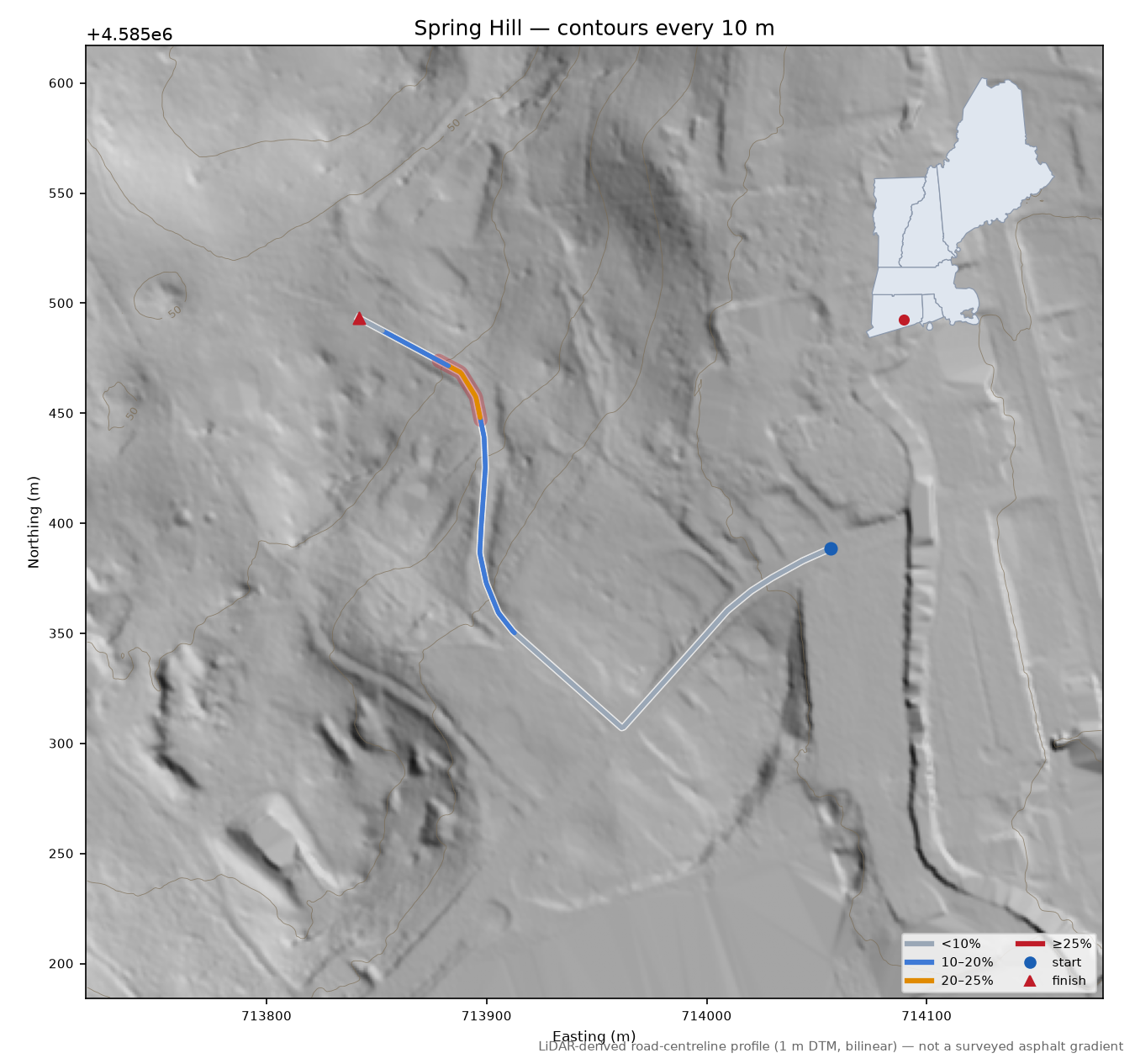 Spring Hill LiDAR hillshade map with contours