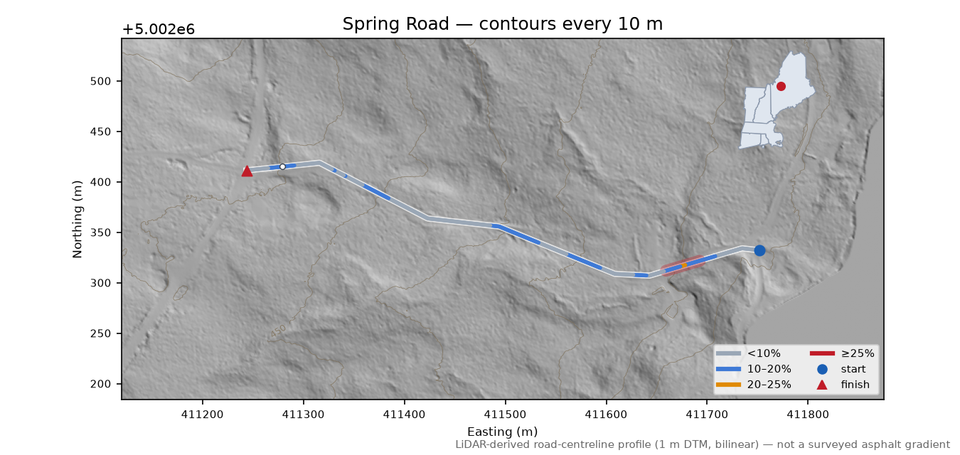 Spring Road LiDAR hillshade map with contours
