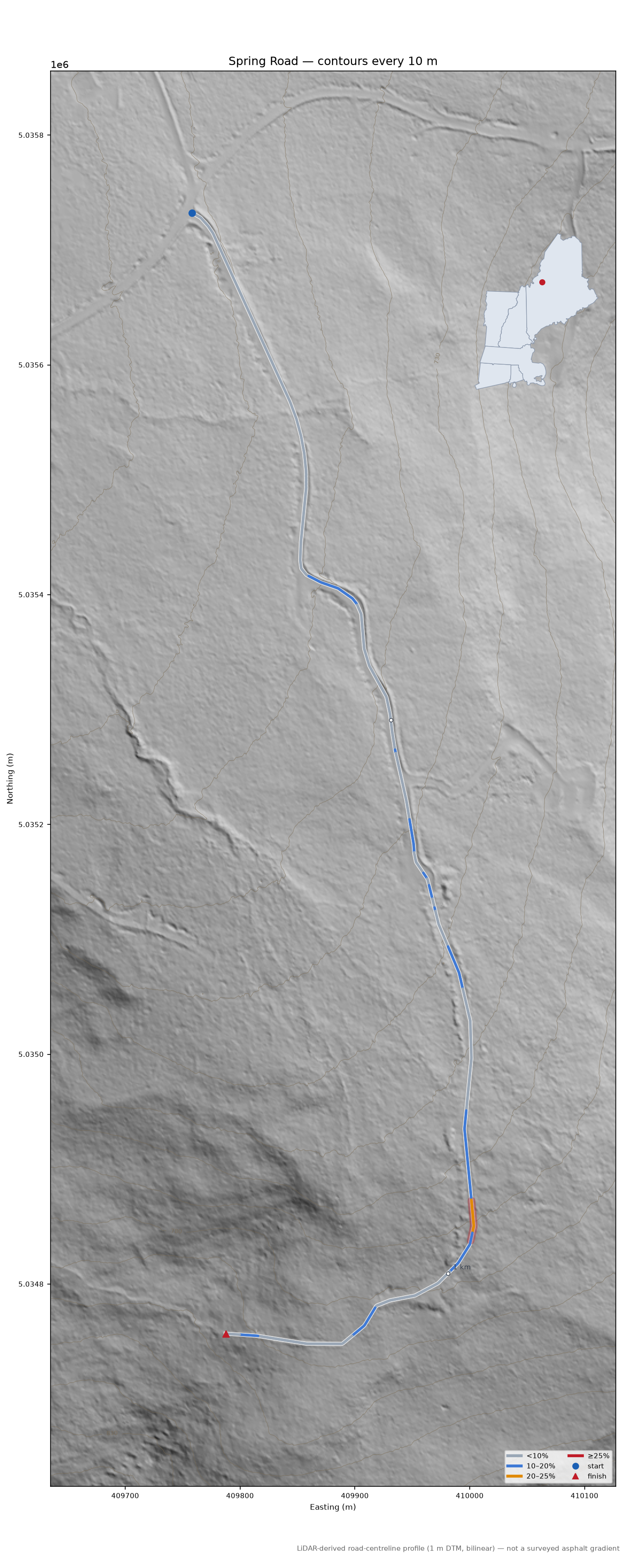 Spring Road LiDAR hillshade map with contours