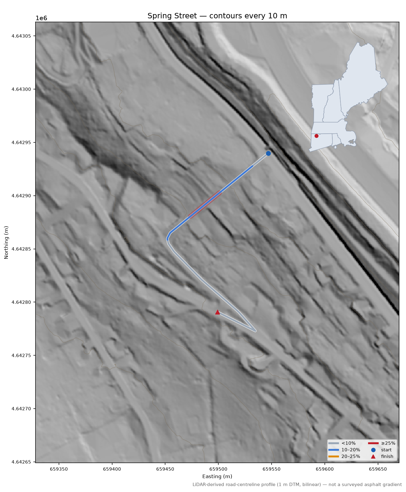 Spring Street LiDAR hillshade map with contours