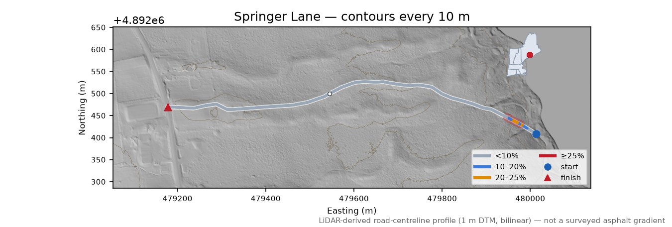 Springer Lane LiDAR hillshade map with contours
