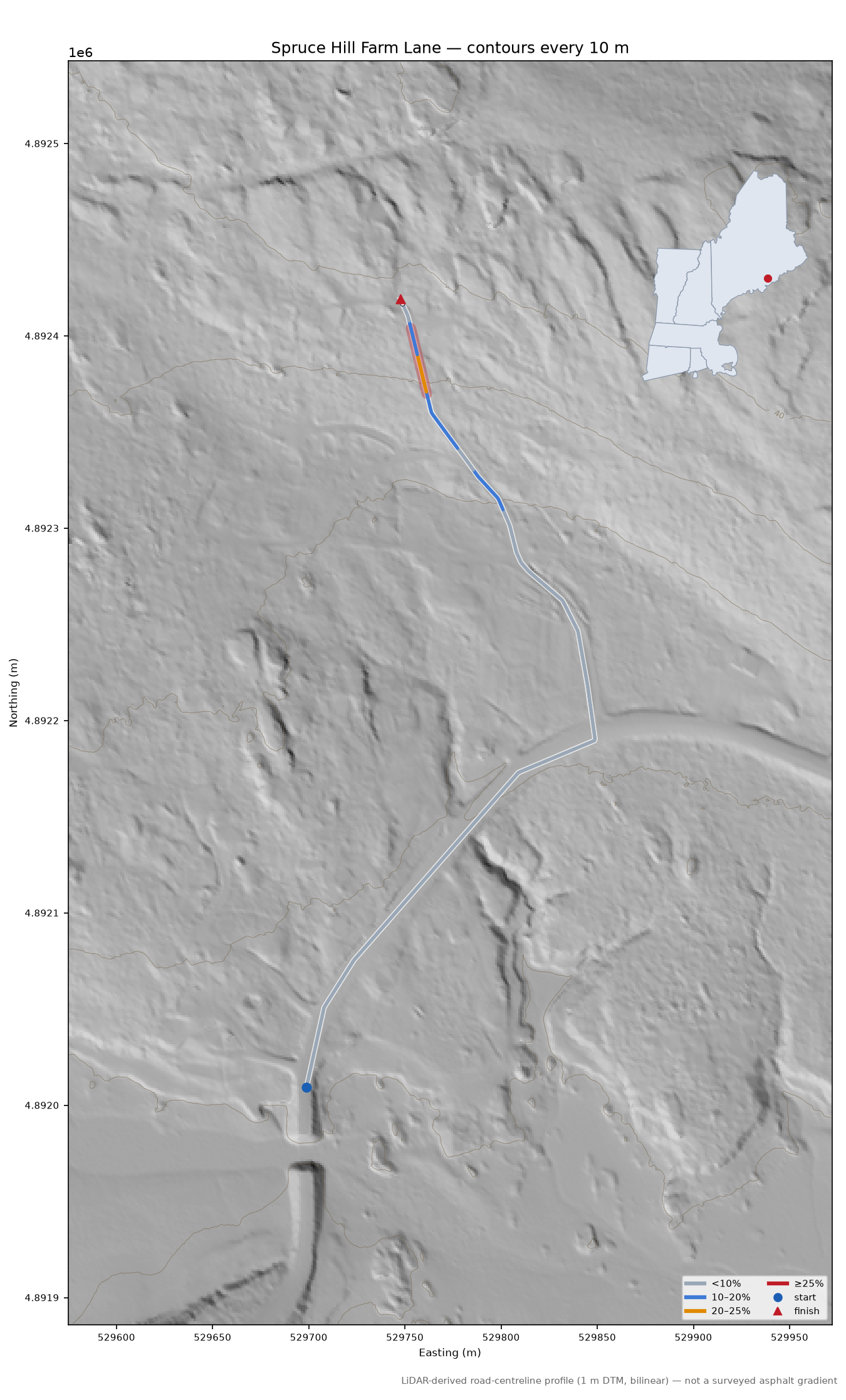 Spruce Hill Farm Lane LiDAR hillshade map with contours