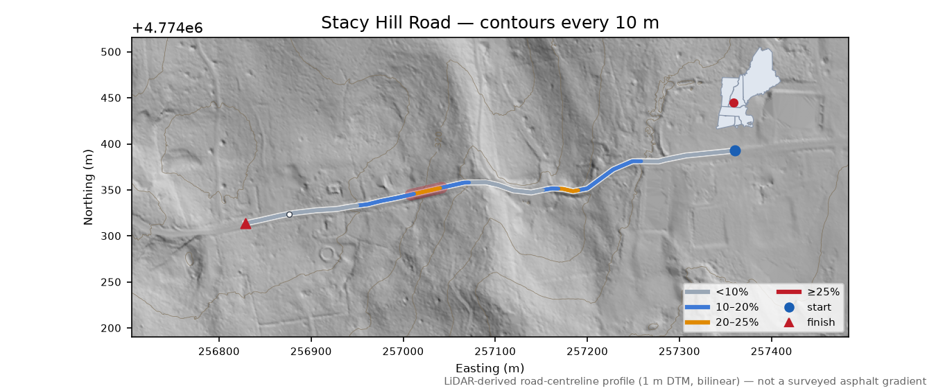 Stacy Hill Road LiDAR hillshade map with contours