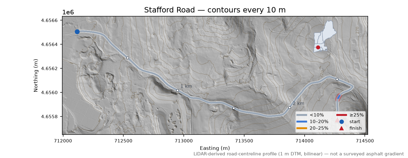 Stafford Road LiDAR hillshade map with contours
