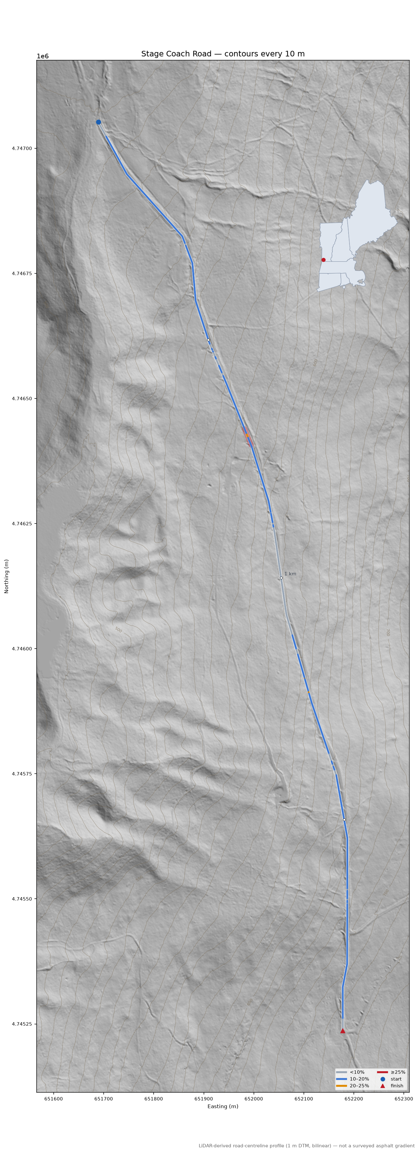 Stage Coach Road LiDAR hillshade map with contours
