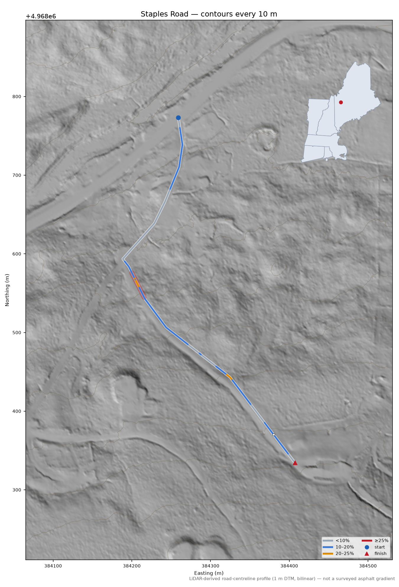 Staples Road LiDAR hillshade map with contours